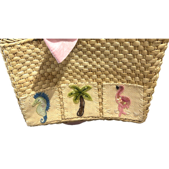 Women’s Beach Beige Straw Woven Square Medium Tote Bag Purse Beads and Sequins - Picture 4 of 7